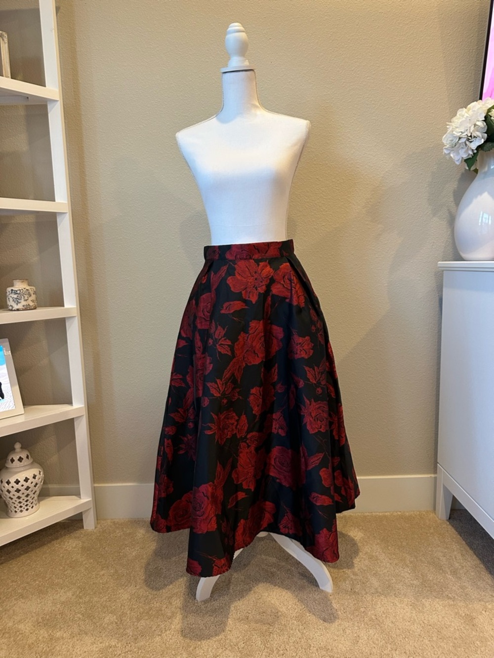 Chicwish Black Midi Skirt with Red Floral Jacquard
